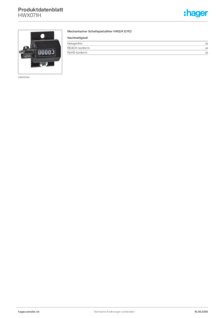 Bild Hager Produktdatenblatt HWX071H | Hager Schweiz