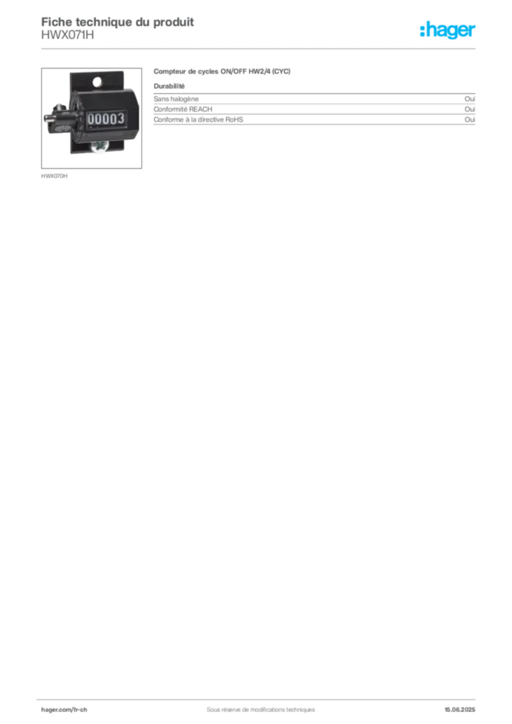 Image Hager Fiche technique du produit HWX071H | Hager Suisse