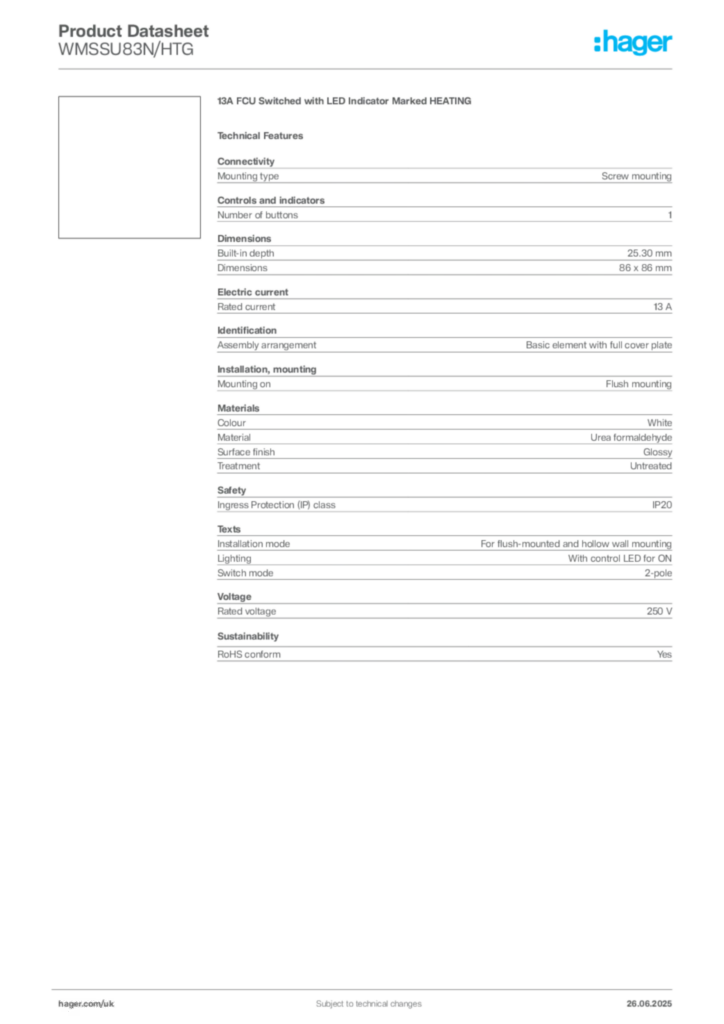 Image Hager Product data sheet WMSSU83N/HTG  | Hager