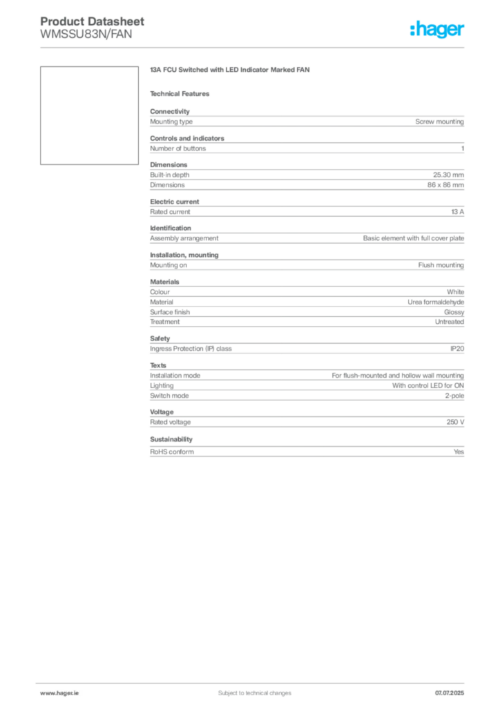 Image Hager Product data sheet WMSSU83N/FAN  | Hager