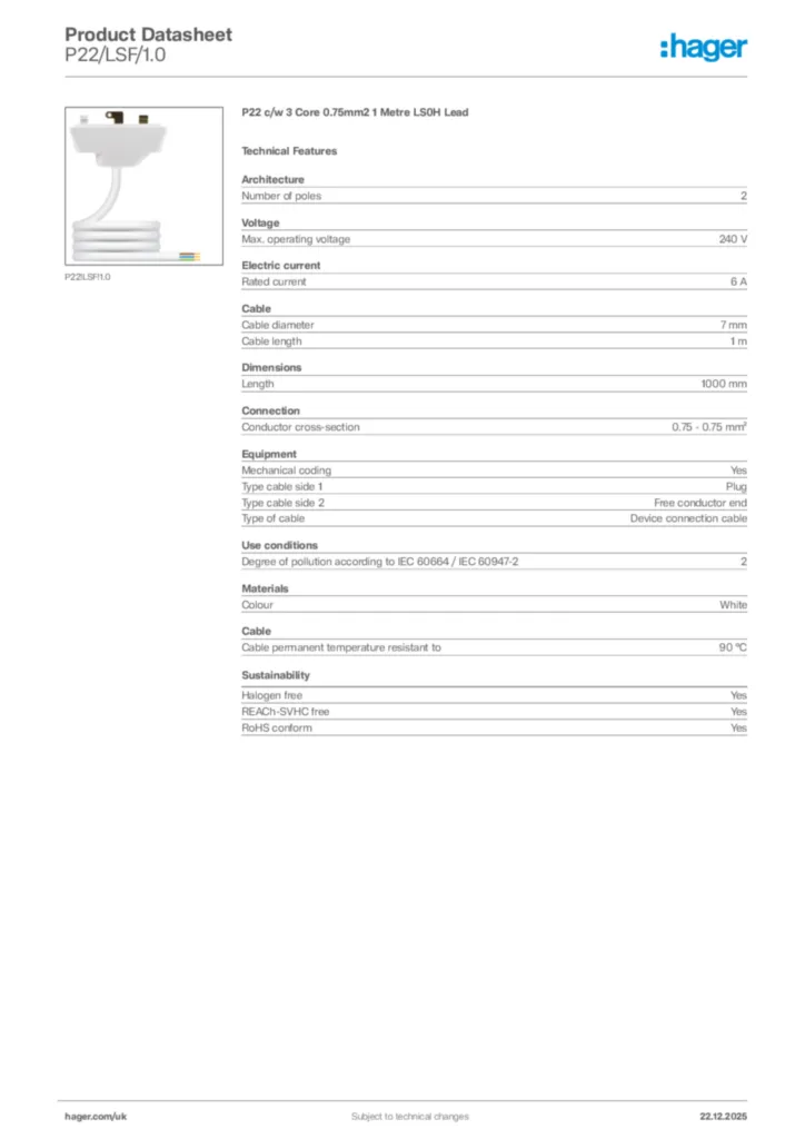Image Hager Product data sheet P22/LSF/1.0  | Hager