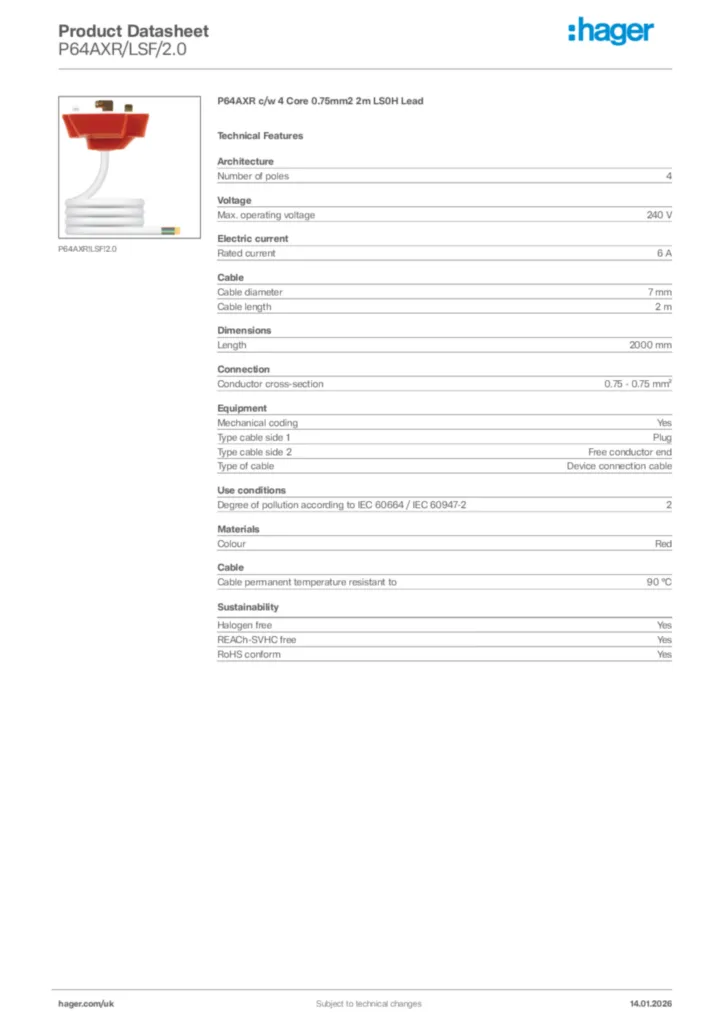 Image Hager Product data sheet P64AXR/LSF/2.0  | Hager