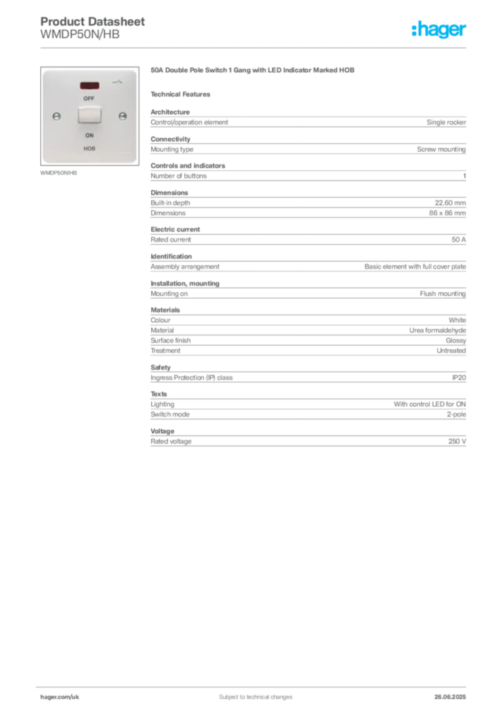 Image Hager Product data sheet WMDP50N/HB  | Hager