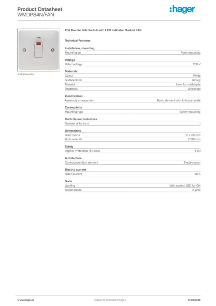 Image Hager Product data sheet WMDP84N/FAN  | Hager