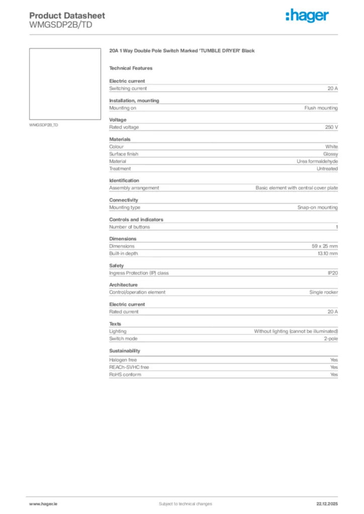 Image Hager Product data sheet WMGSDP2B/TD  | Hager
