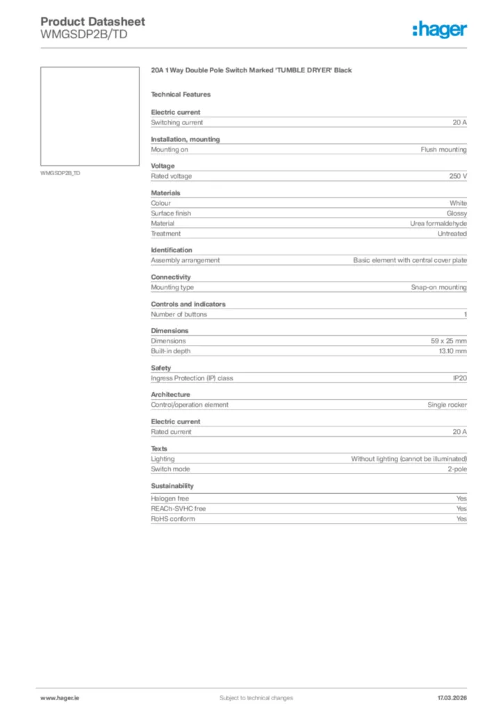 Image Hager Product data sheet WMGSDP2B/TD  | Hager