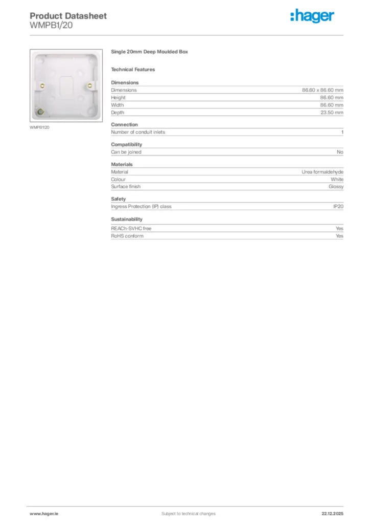 Image Hager Product data sheet WMPB1/20  | Hager