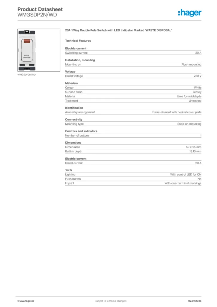 Image Hager Product data sheet WMGSDP2N/WD  | Hager
