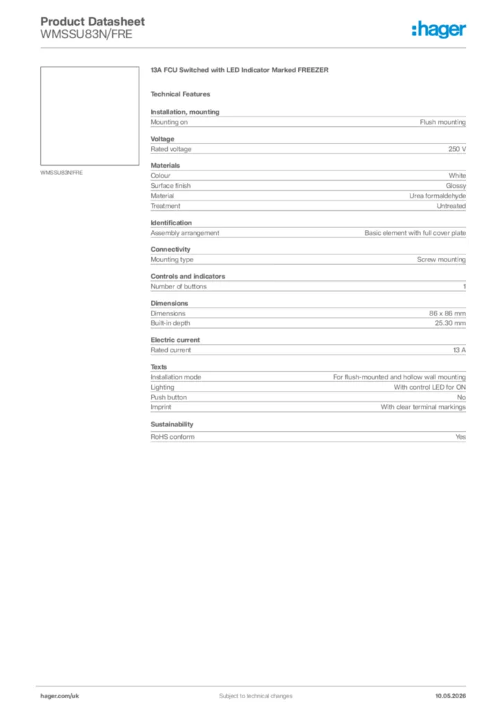 Image Hager Product data sheet WMSSU83N/FRE  | Hager