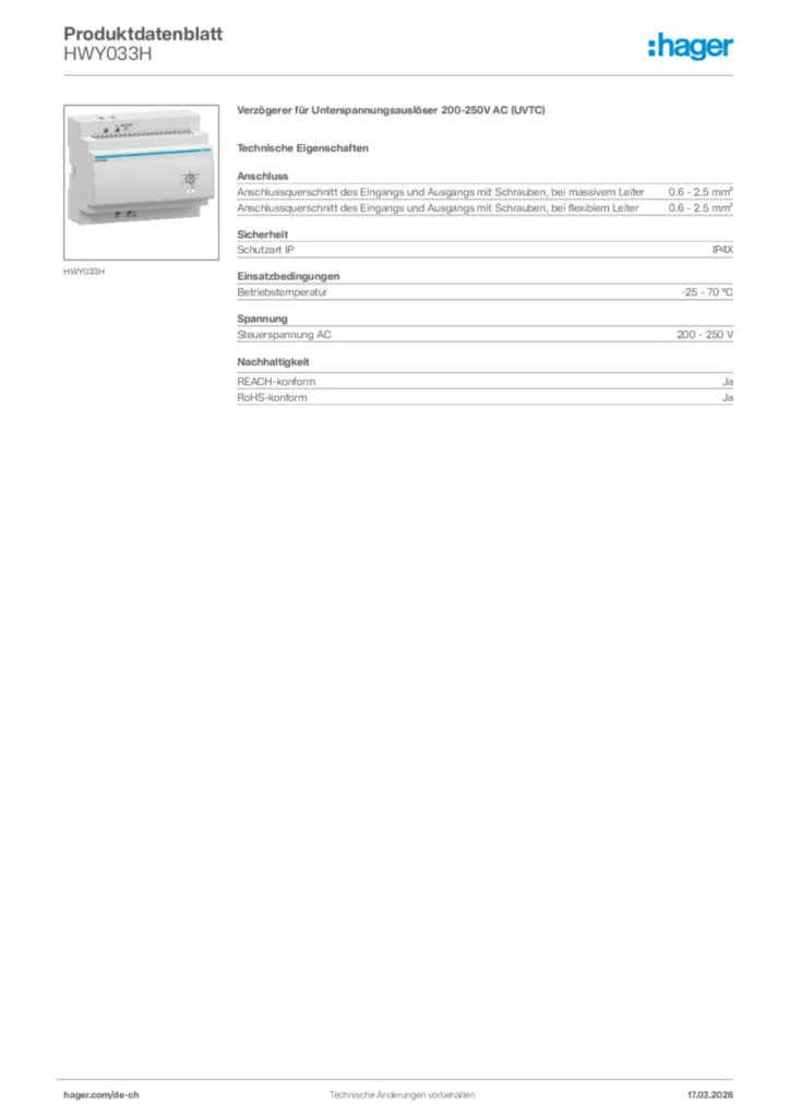 Bild Hager Produktdatenblatt HWY033H | Hager Schweiz