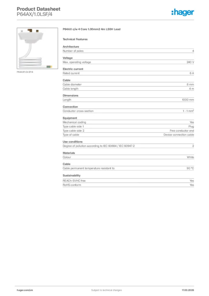 Image Hager Product data sheet P64AX/1.0LSF/4  | Hager