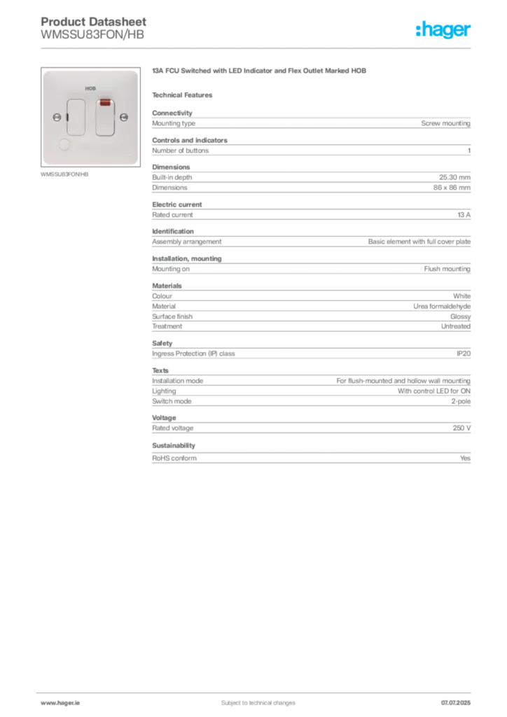Image Hager Product data sheet WMSSU83FON/HB  | Hager