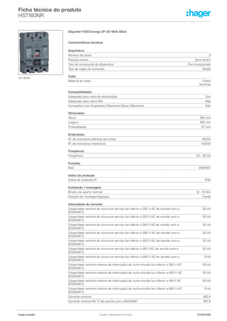 Imagem Hager Ficha técnica do produto HST160NR | Hager Portugal