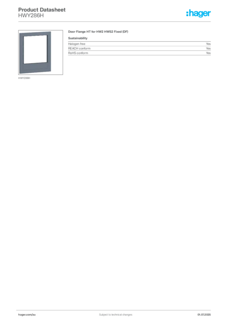 Image Hager Product data sheet HWY286H  | Hager Australia