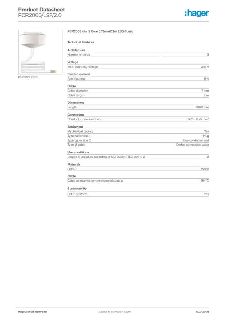 Image Hager Product data sheet PCR2000/LSF/2.0  | Hager