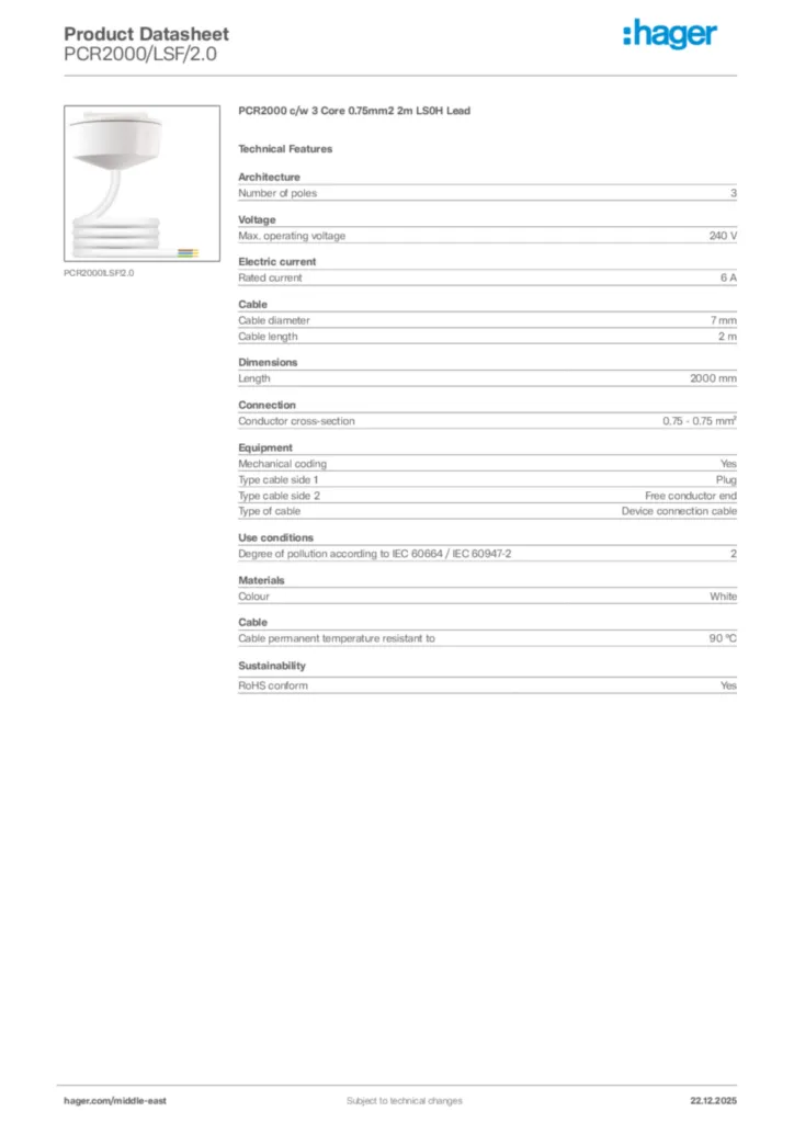 Image Hager Product data sheet PCR2000/LSF/2.0  | Hager