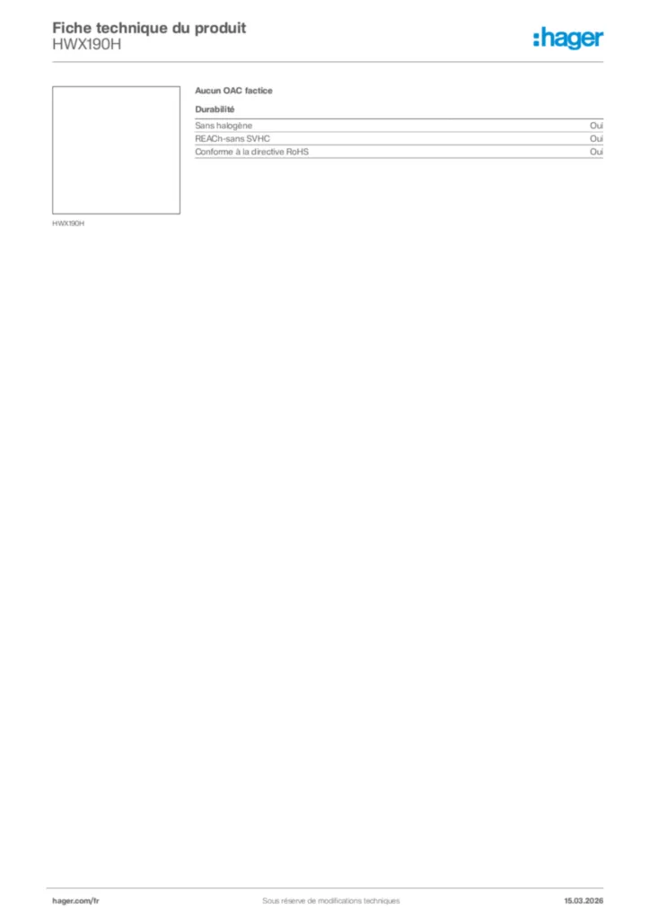 Image Hager Fiche technique du produit HWX190H | Hager France