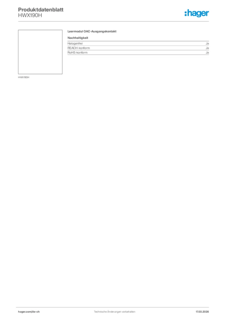 Bild Hager Produktdatenblatt HWX190H | Hager Schweiz