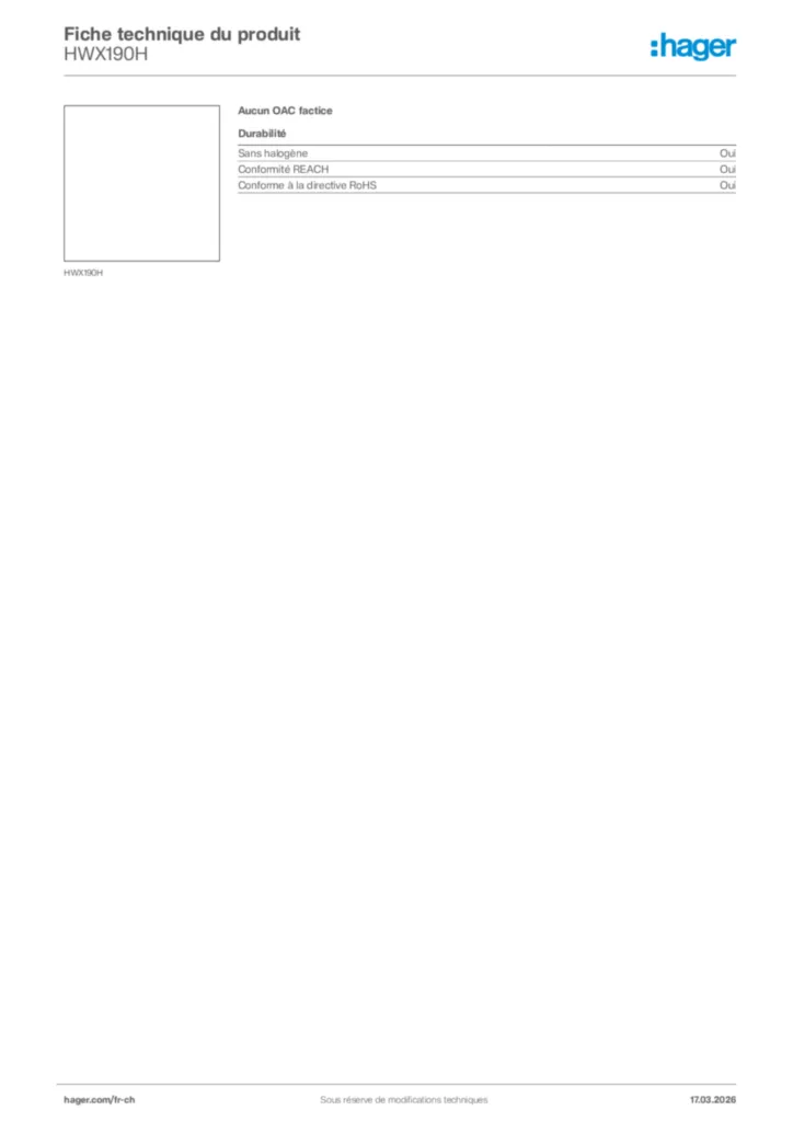 Image Hager Fiche technique du produit HWX190H | Hager Suisse