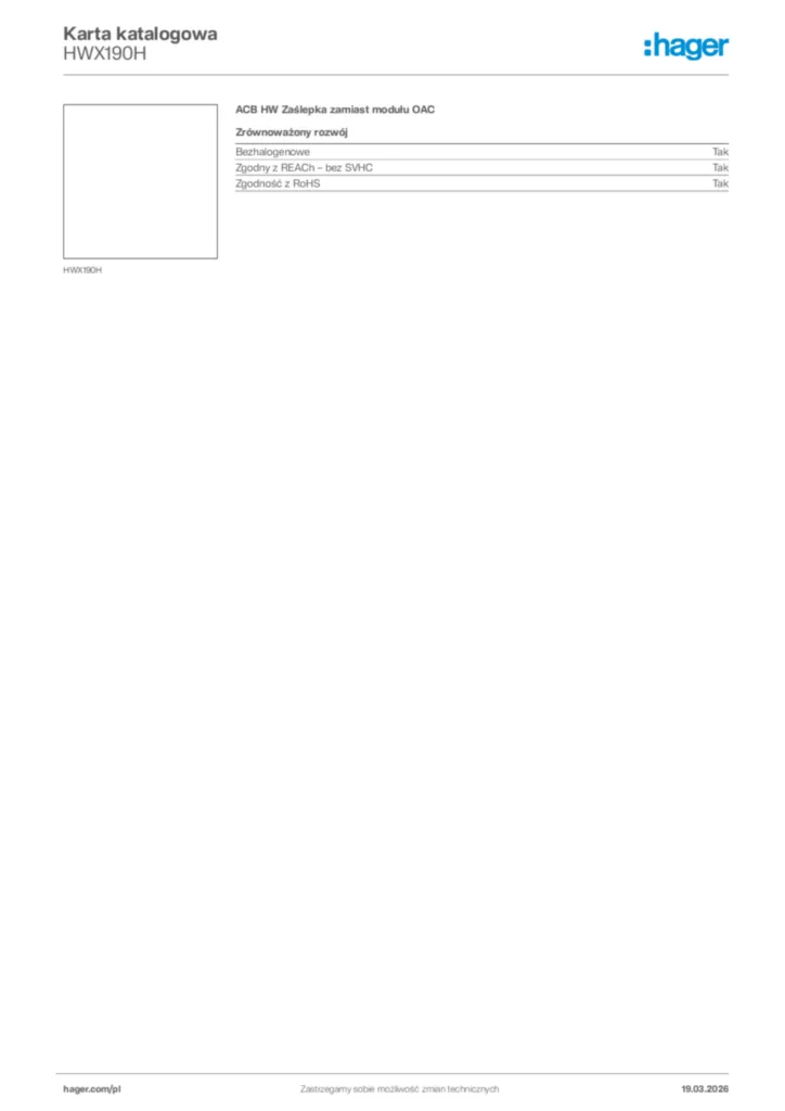 Zdjęcie Hager Karta katalogowa HWX190H | Hager Polska