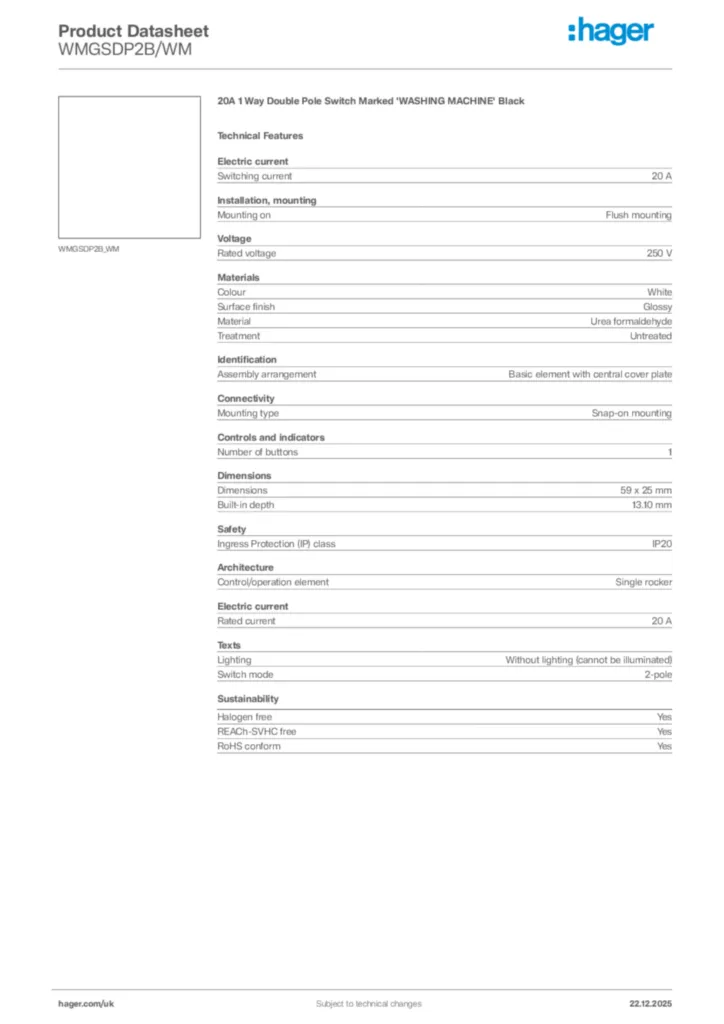 Image Hager Product data sheet WMGSDP2B/WM  | Hager