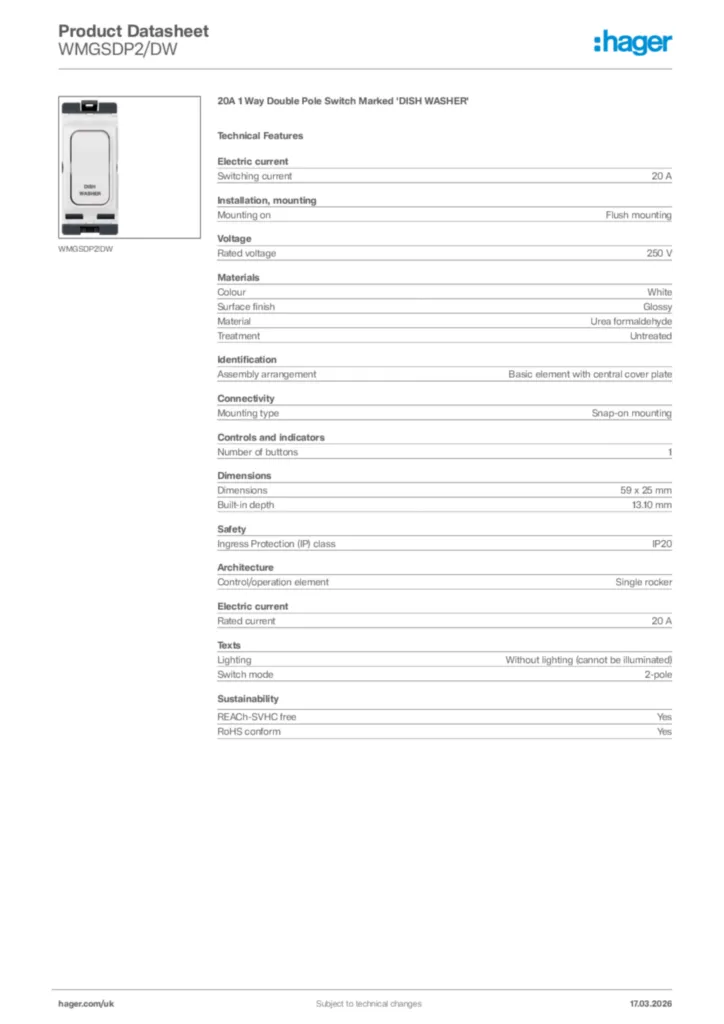 Image Hager Product data sheet WMGSDP2/DW  | Hager