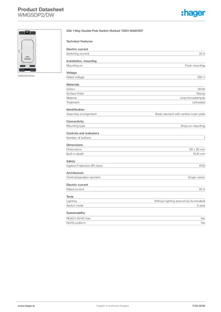 Image Hager Product data sheet WMGSDP2/DW  | Hager