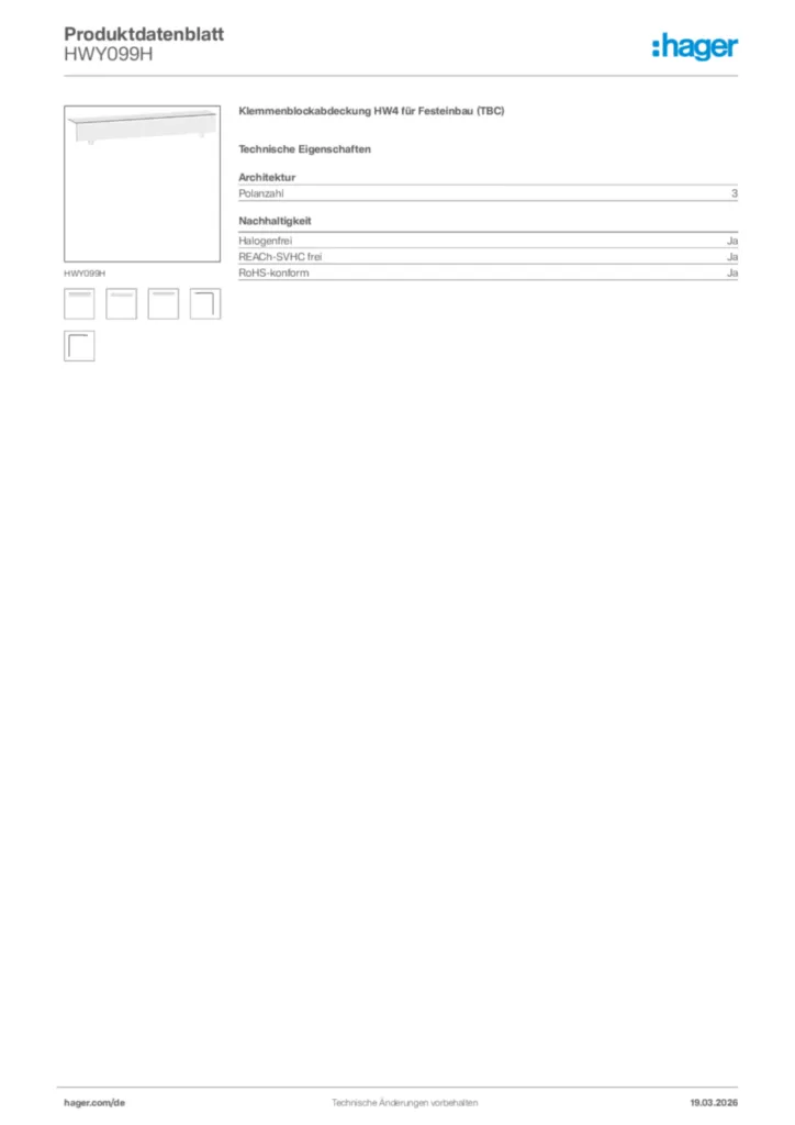 Bild Hager Produktdatenblatt HWY099H | Hager Deutschland