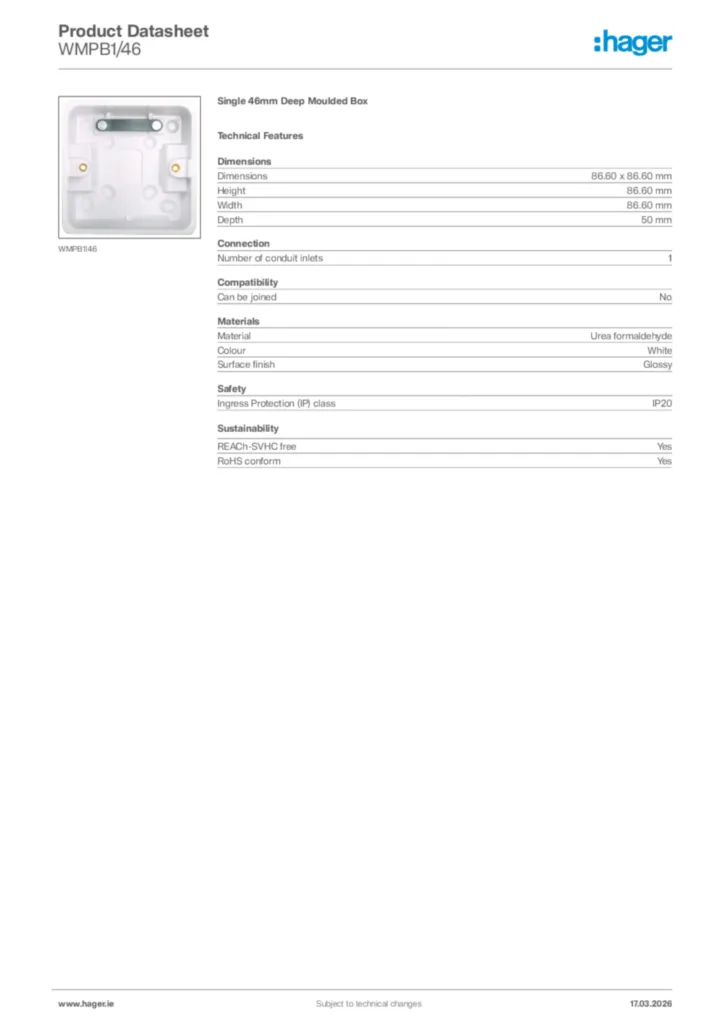 Image Hager Product data sheet WMPB1/46  | Hager