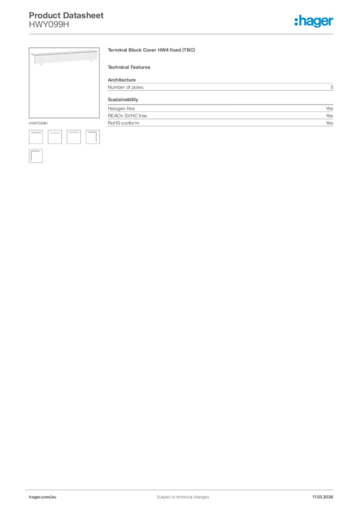 Image Hager Product data sheet HWY099H  | Hager Australia
