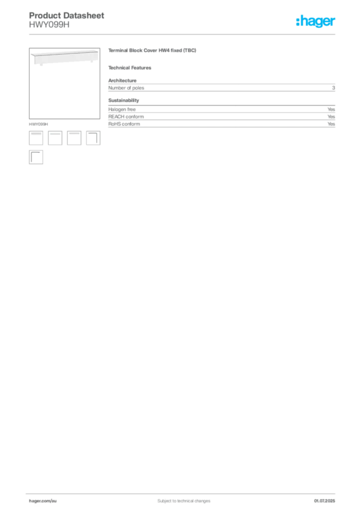 Image Hager Product data sheet HWY099H  | Hager Australia