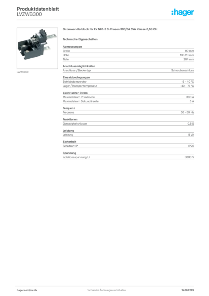 Bild Hager Produktdatenblatt LVZWB300 | Hager Schweiz