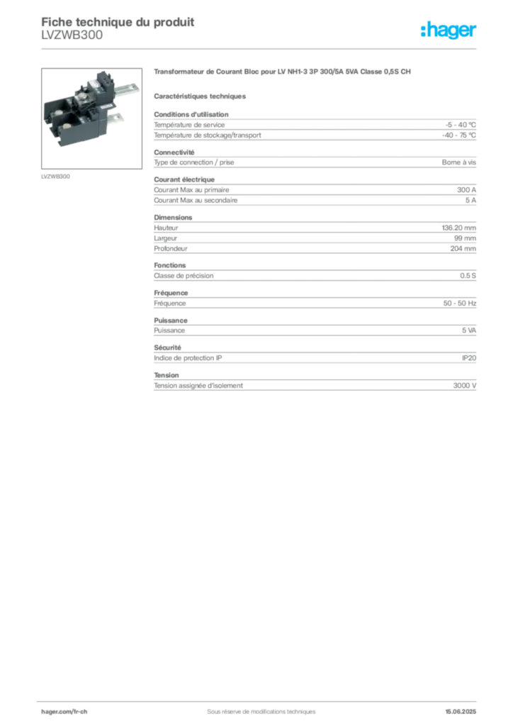 Image Hager Fiche technique du produit LVZWB300 | Hager Suisse