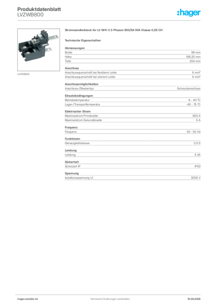 Bild Hager Produktdatenblatt LVZWB800 | Hager Schweiz