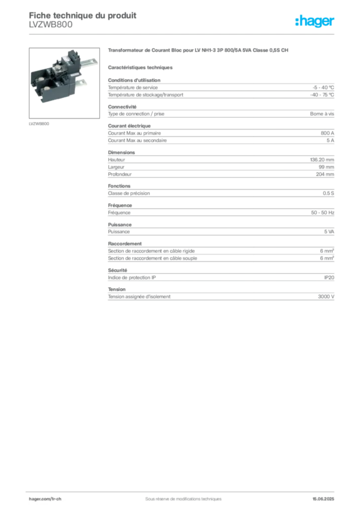 Image Hager Fiche technique du produit LVZWB800 | Hager Suisse