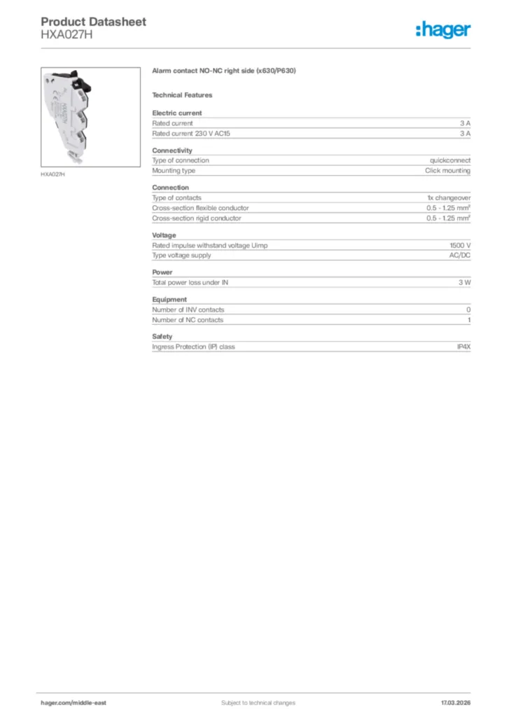 Image Hager Product data sheet HXA027H  | Hager