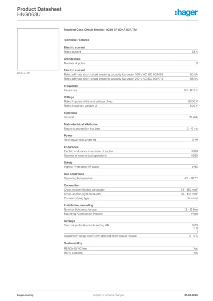 Image Hager Product data sheet HNG063U  | Hager