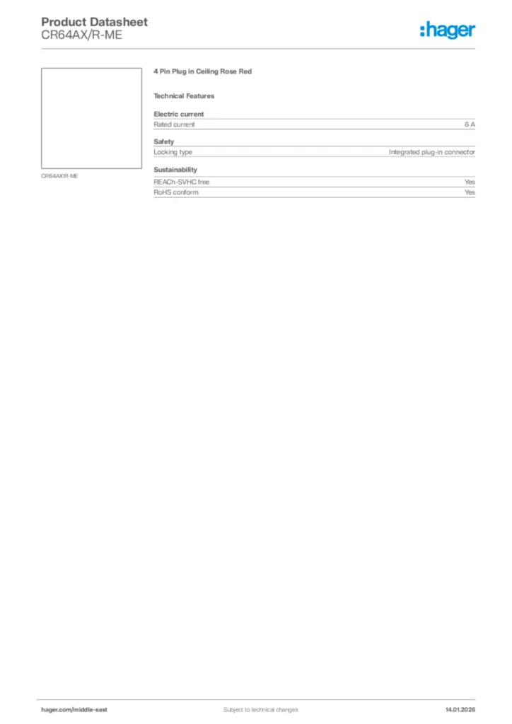 Image Hager Product data sheet CR64AX/R-ME  | Hager