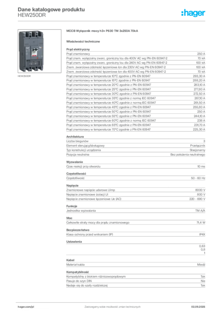 Zdjęcie Hager Dane katalogowe produktu HEW250DR | Hager Polska
