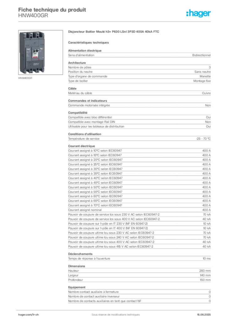 Image Hager Fiche technique du produit HNW400GR | Hager Suisse