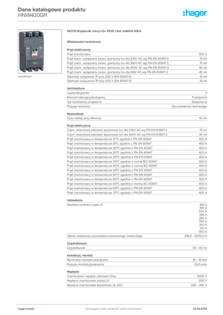 Zdjęcie Hager Dane katalogowe produktu HNW400GR | Hager Polska