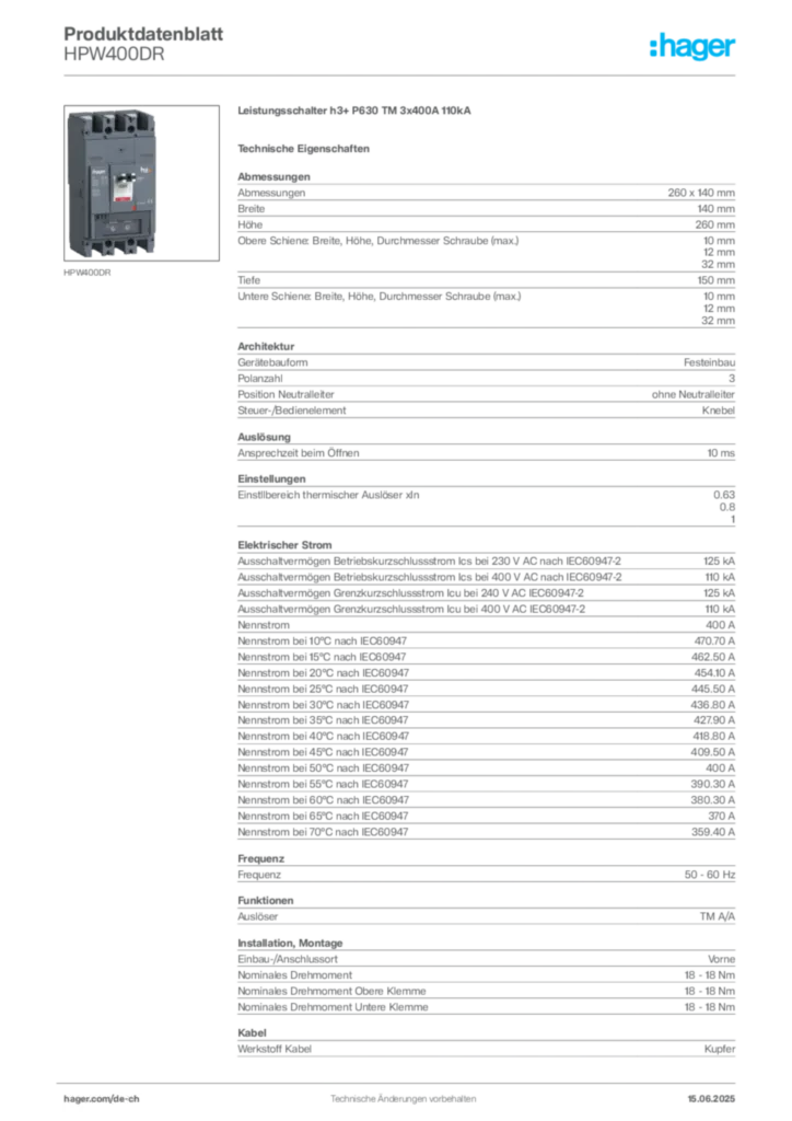 Bild Hager Produktdatenblatt HPW400DR | Hager Schweiz