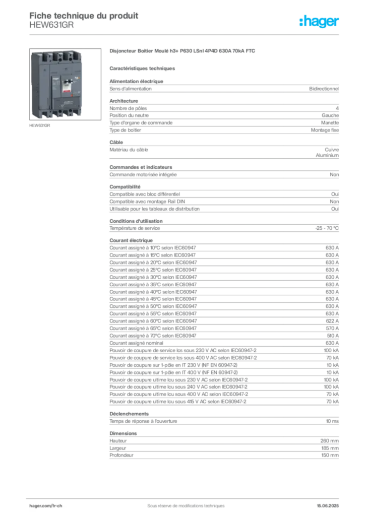 Image Hager Fiche technique du produit HEW631GR | Hager Suisse