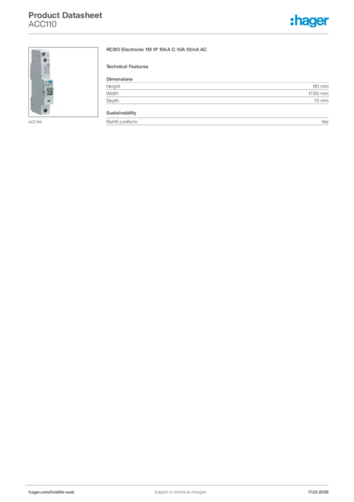 Image Hager Product data sheet ACC110  | Hager