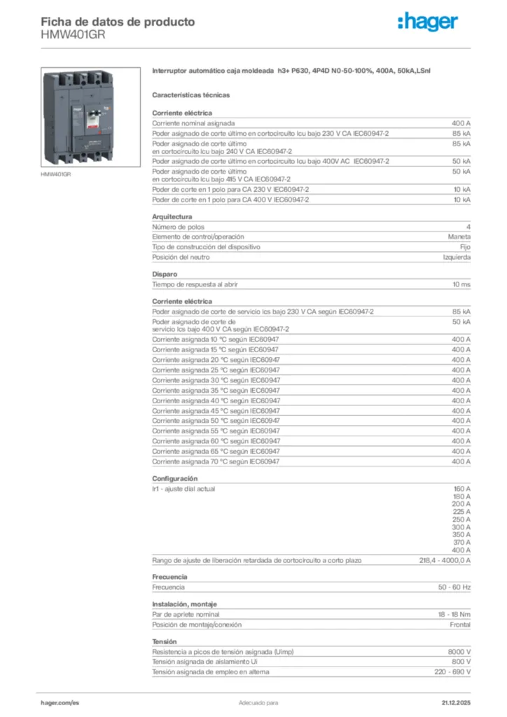 Imagen Hager Ficha de datos de producto HMW401GR | Hager España