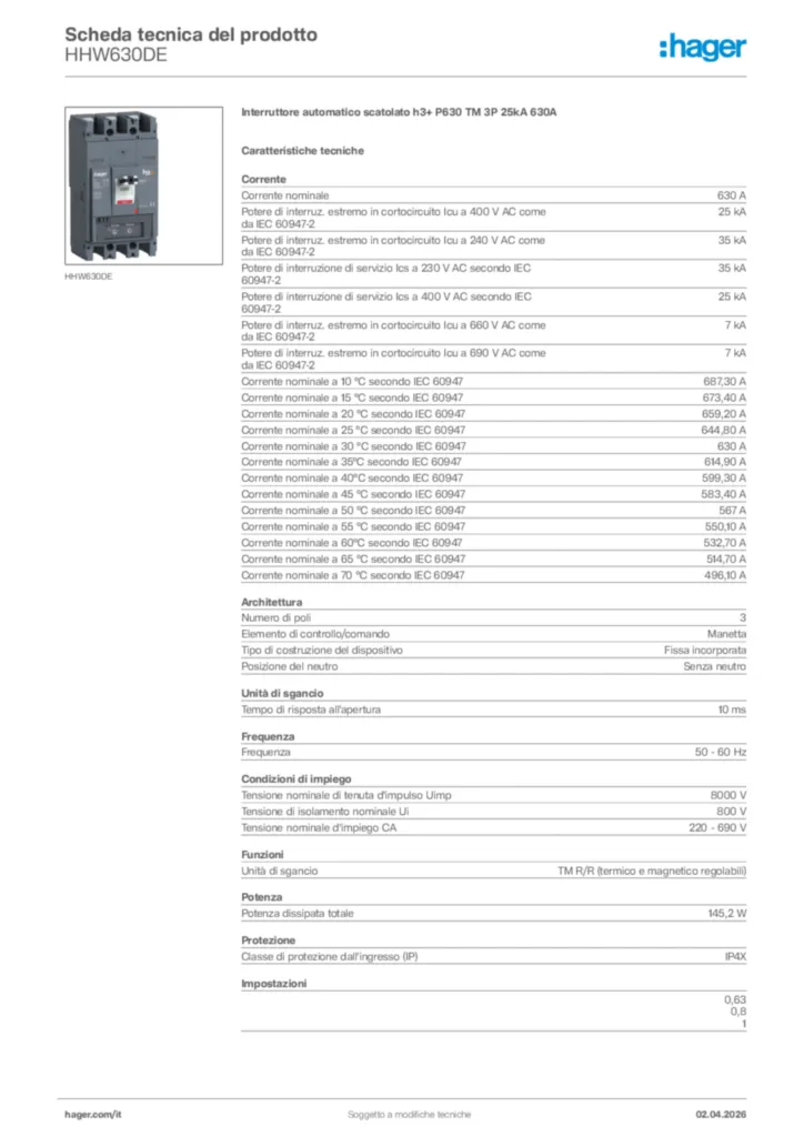 Immagine Hager Scheda tecnica del prodotto HHW630DE | Hager Italia