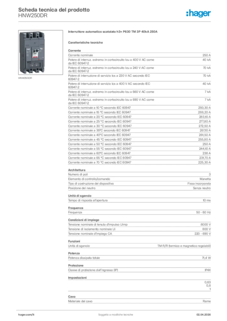Immagine Hager Scheda tecnica del prodotto HNW250DR | Hager Italia