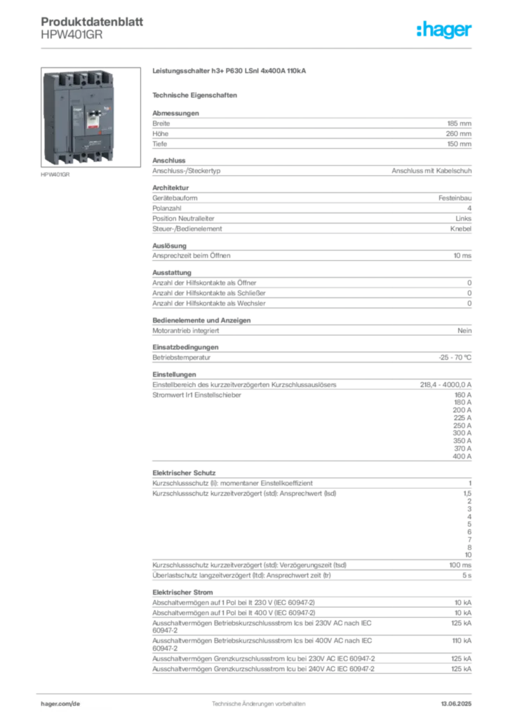 Bild Hager Produktdatenblatt HPW401GR | Hager Deutschland