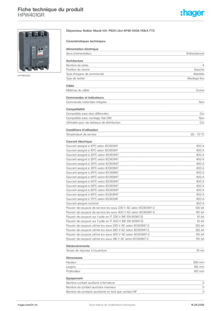 Image Hager Fiche technique du produit HPW401GR | Hager Suisse