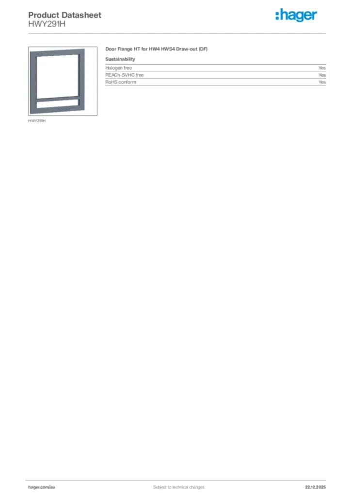 Image Hager Product data sheet HWY291H  | Hager Australia